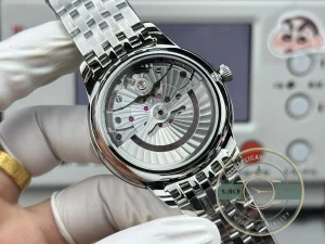 Complete front view showing black dial and bezel ring