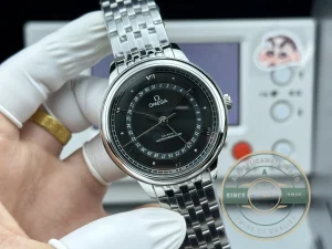 Close-up of steel bezel and dial markers