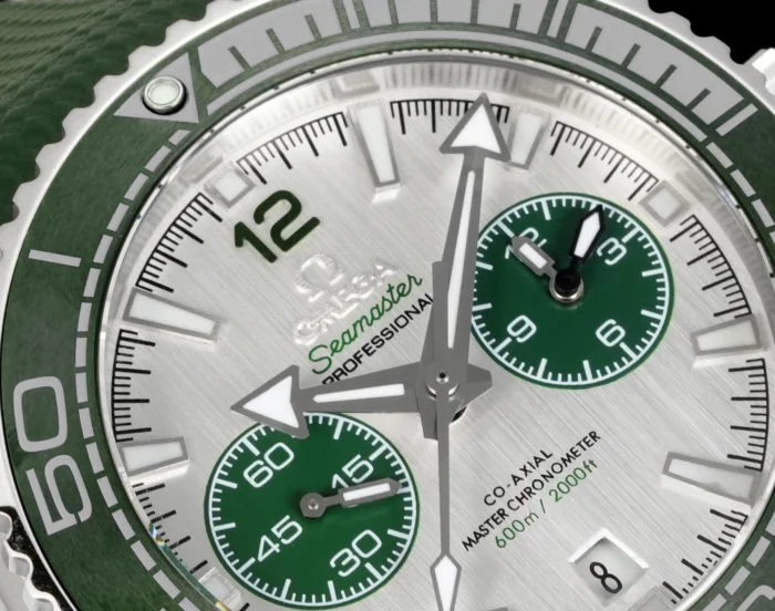 Complete front view showing green dial and bezel ring