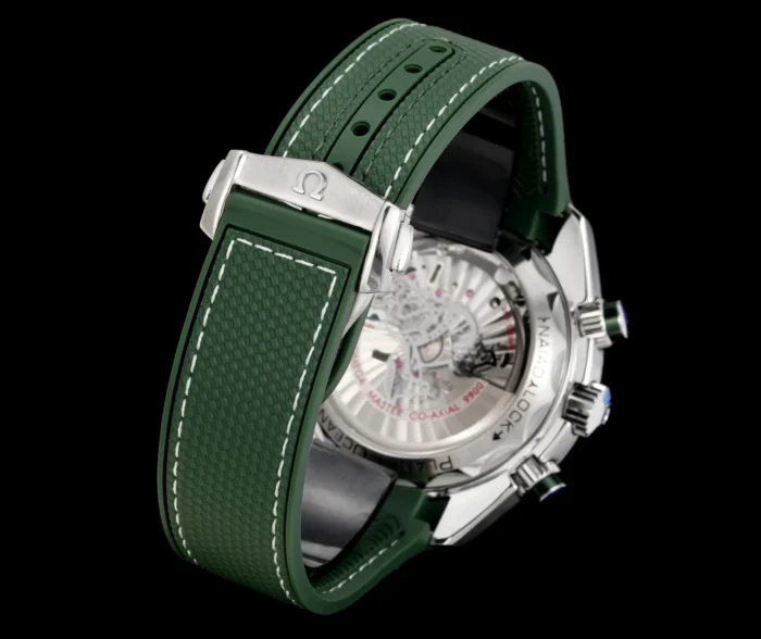 Caseback view showing Co-Axial movement through sapphire crystal