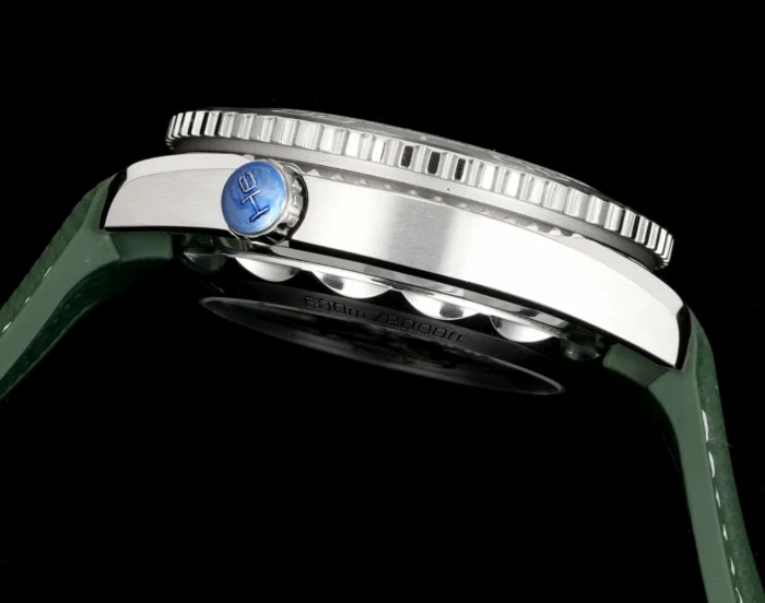 Close-up of steel bezel and dial markers