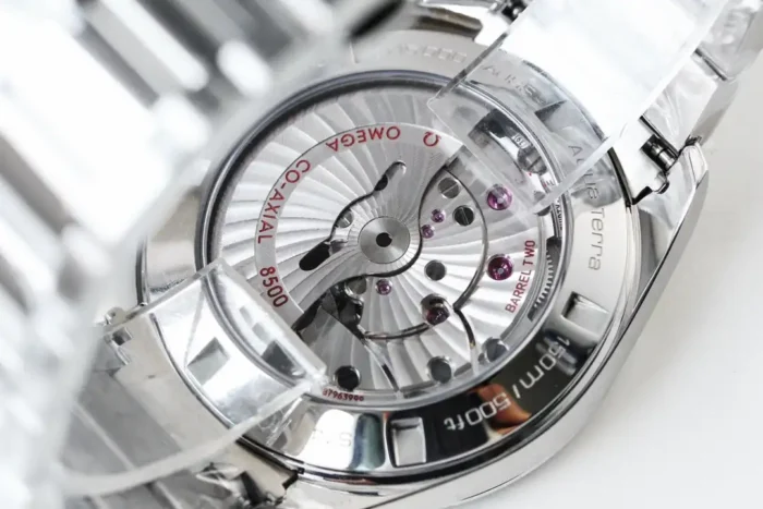 Caseback view showing Co-Axial movement through sapphire crystal