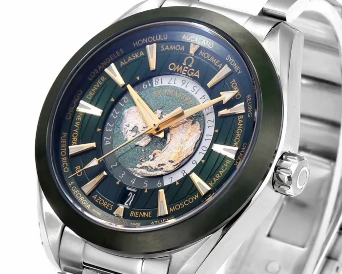 Omega Seamaster Green on wrist in natural lighting