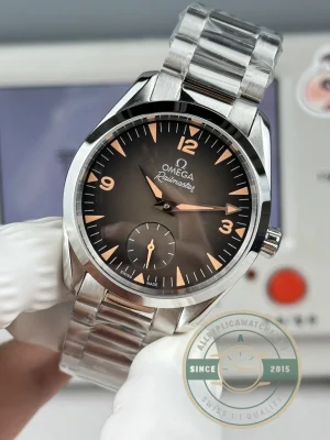 Complete front view showing brown dial and bezel ring