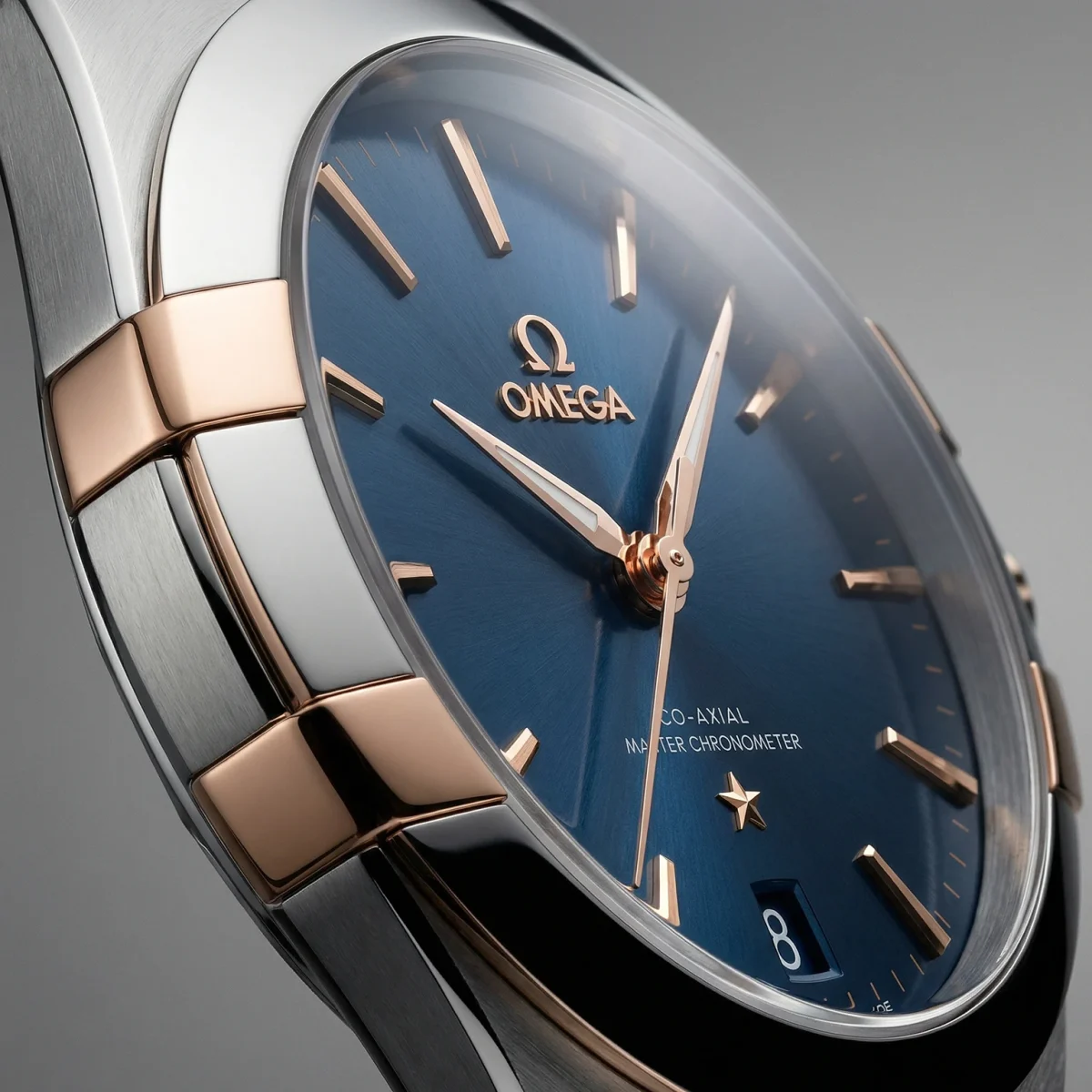 Extreme close-up of an authentic Omega Constellation dial filling the frame