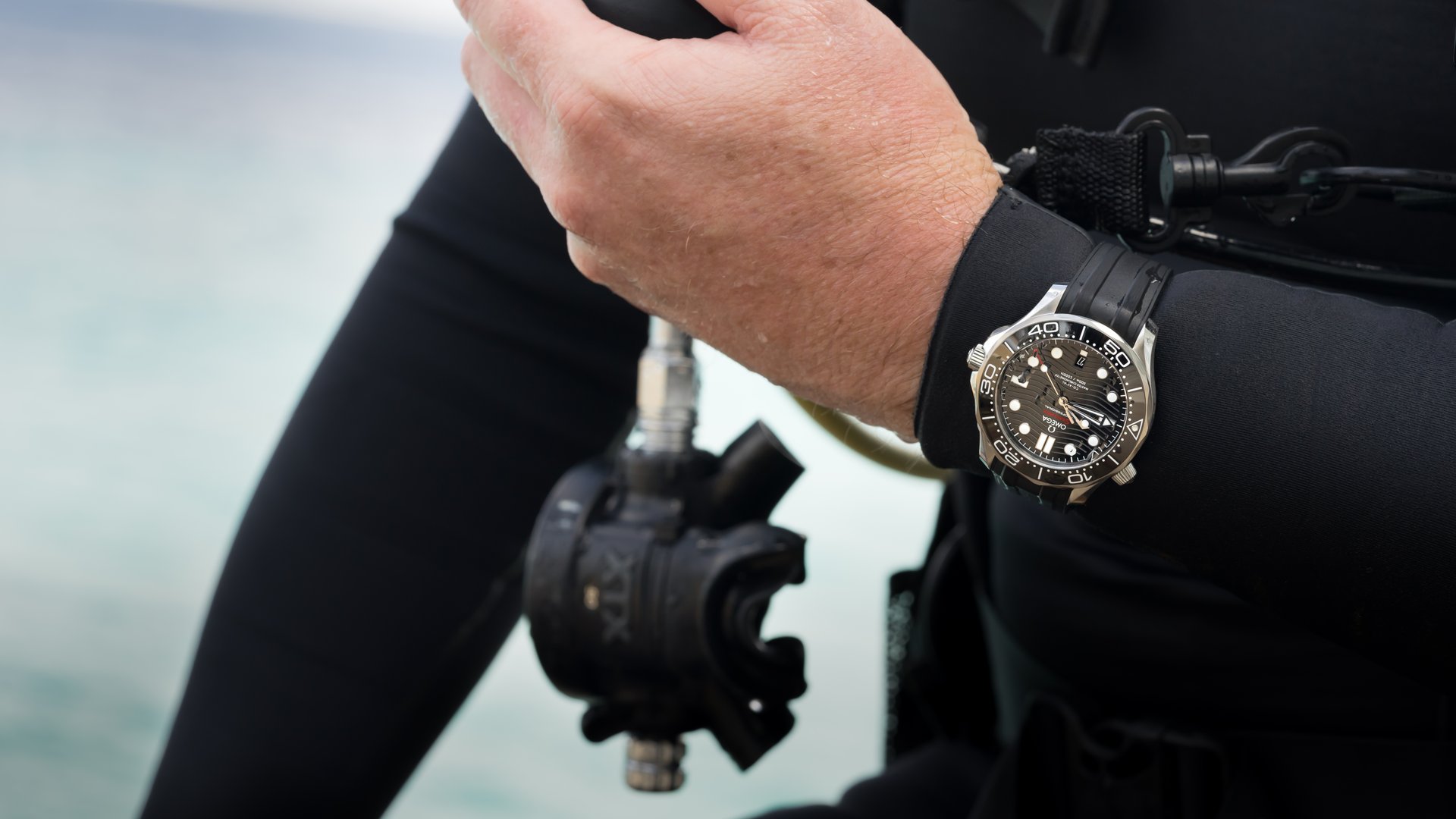 Omega Seamaster Diver 300M Black Dial Ceramic Bezel Rubber Strap Wrist Shot