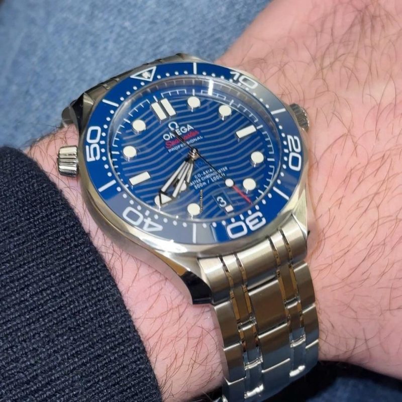 Omega Seamaster Diver 300M Blue Ceramic Bezel Wave Dial Steel Bracelet Wrist