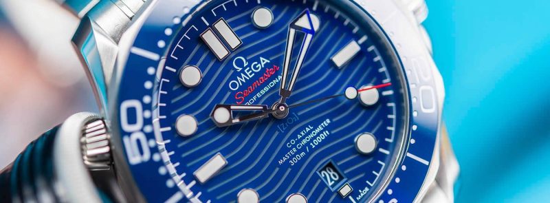 Omega Seamaster Diver 300M Blue Dial Macro Wave Pattern Ceramic Bezel Close Up