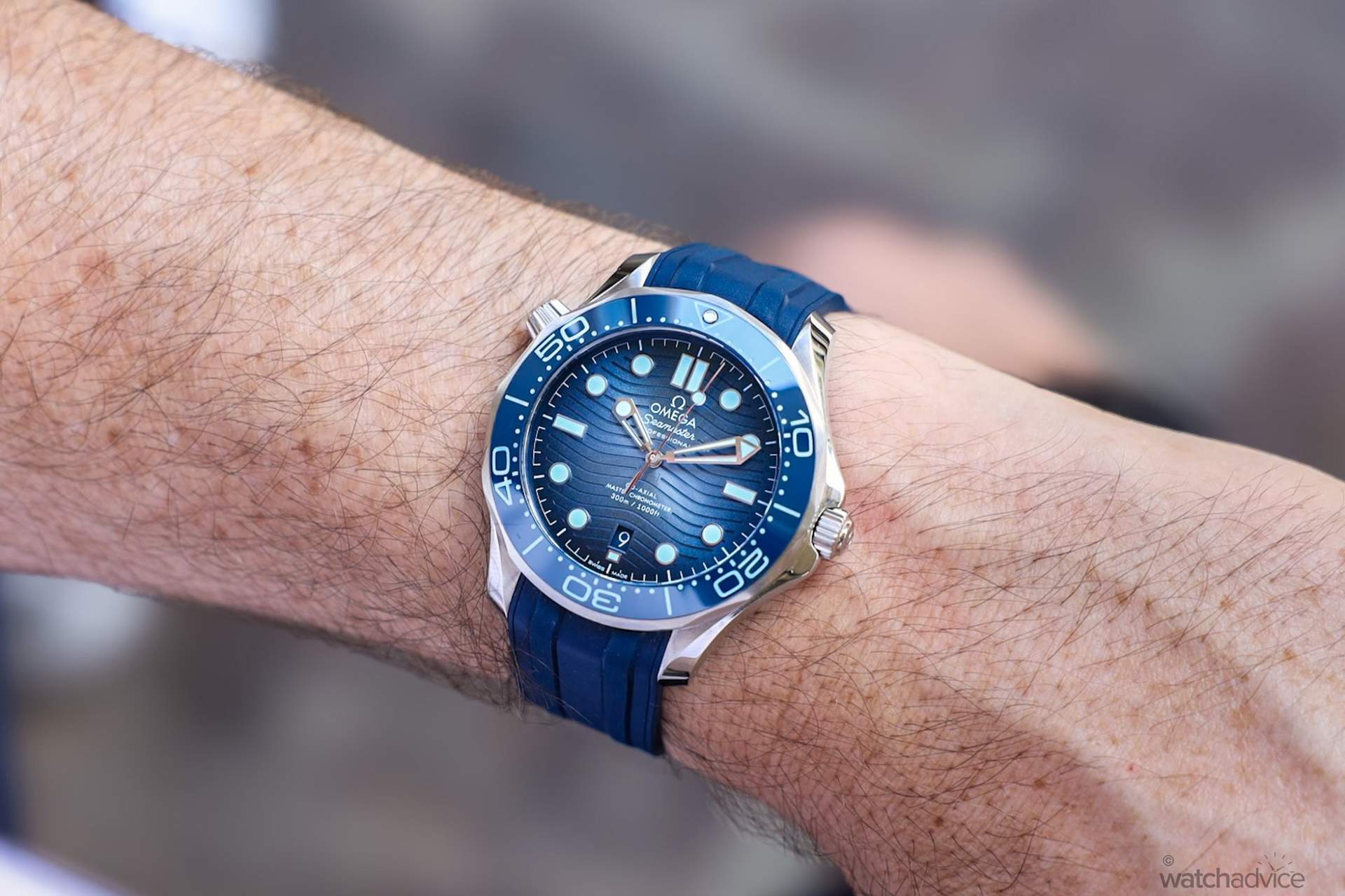 Omega Seamaster Diver 300M Blue Dial Wave Ceramic Bezel Wrist Shot