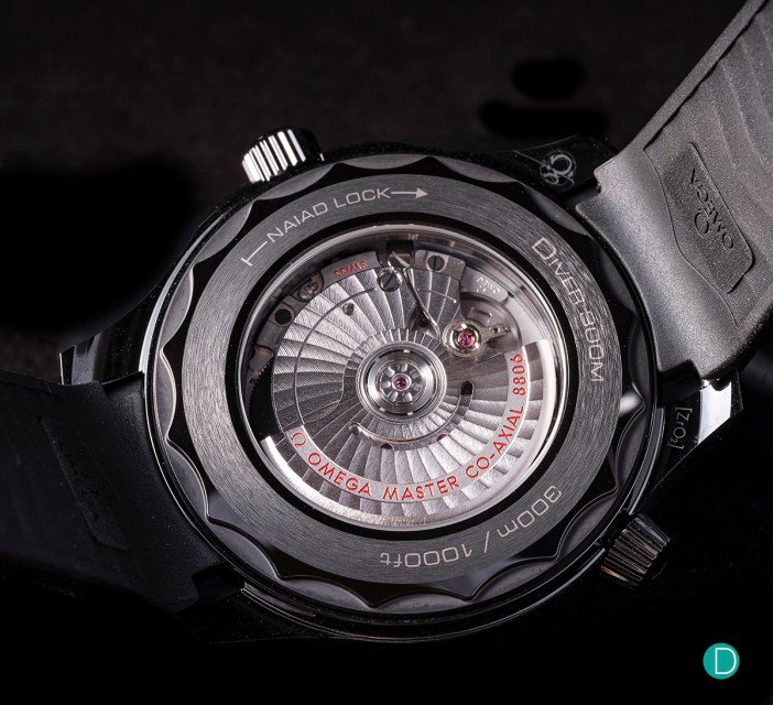 Omega Seamaster Diver 300M Caseback Sapphire Co-Axial Movement Close Up Detail